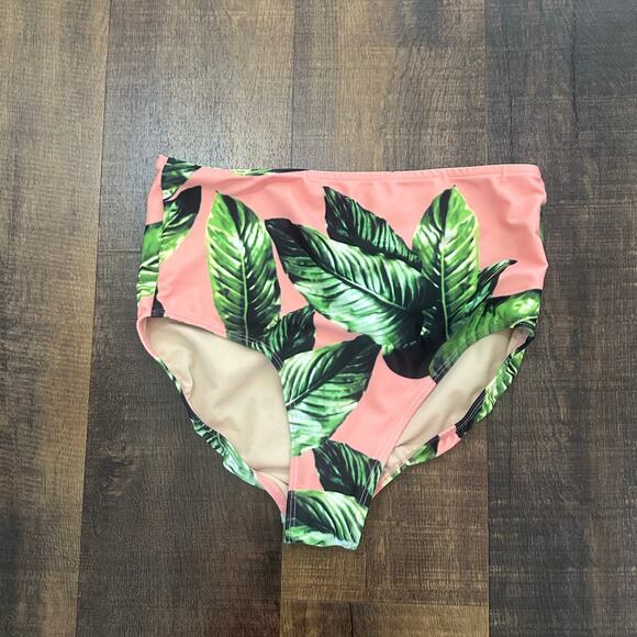 Albion Fit Izabal High Waisted Bikini Bottoms Pink Green Tropical Leaf Size Med - Picture 1 of 5
